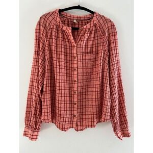 Pilcro and the Letterpress Orange Red Plaid Button Down Blouse 1X Anthropologie